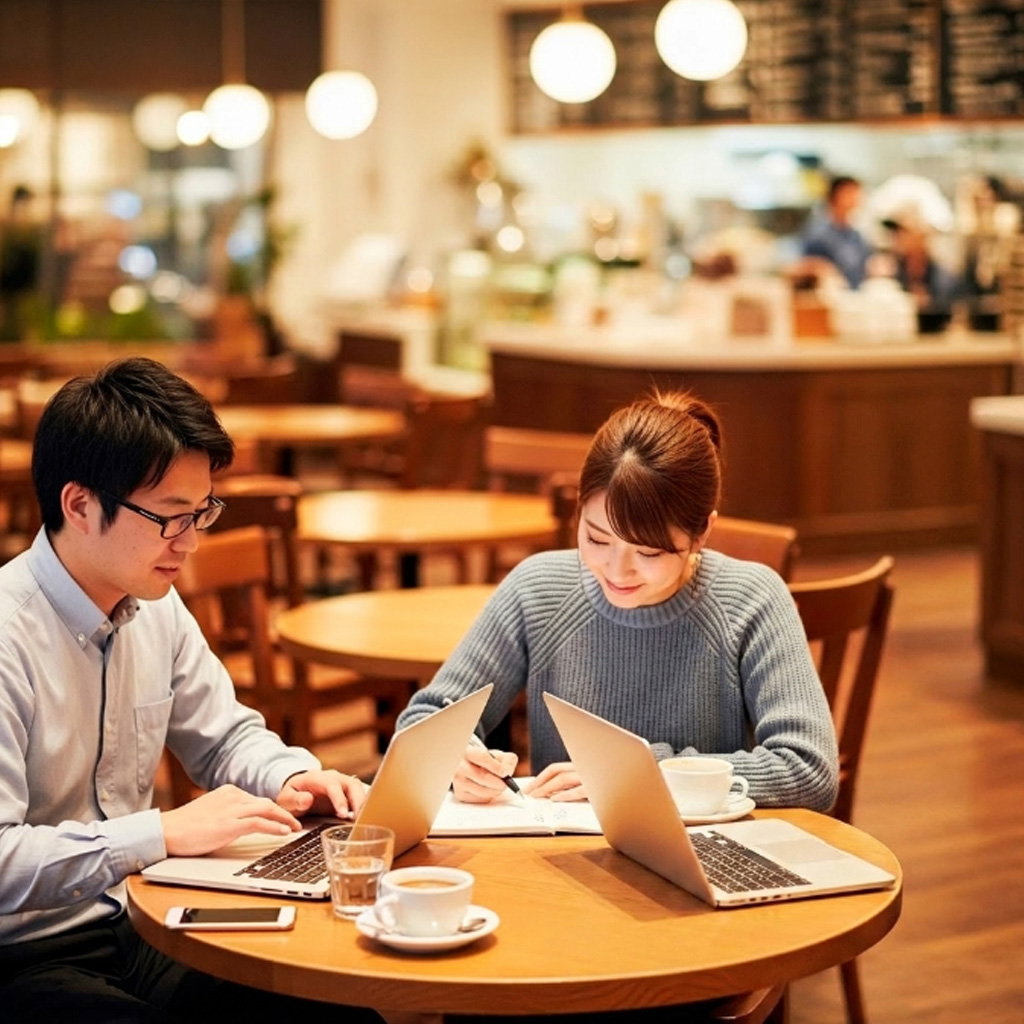 夜カフェで勉強するイメージ画像